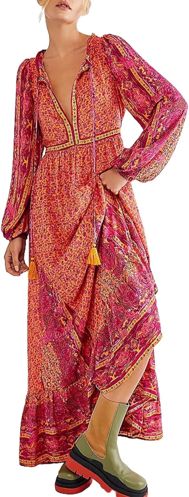Women Vintage Floral Boho Maxi Dress Long Sleeve Flowy Bohemian Long Dress Casual V Neck Button up Split Dress B-Orange Tassel / Small