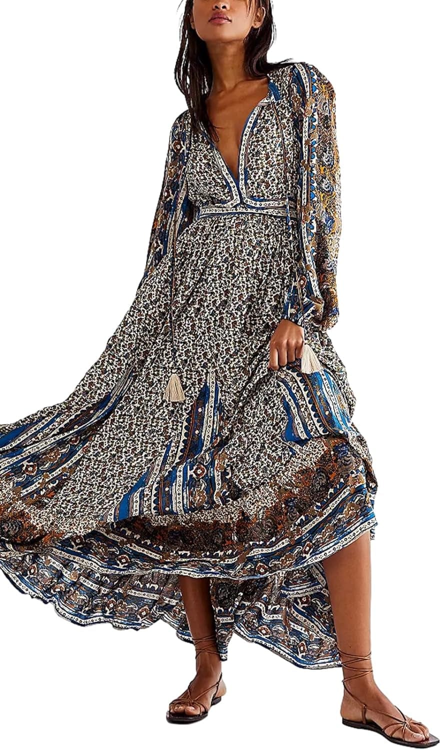 Women Vintage Floral Boho Maxi Dress Long Sleeve Flowy Bohemian Long Dress Casual V Neck Button up Split Dress B-Blue Tassel / Medium