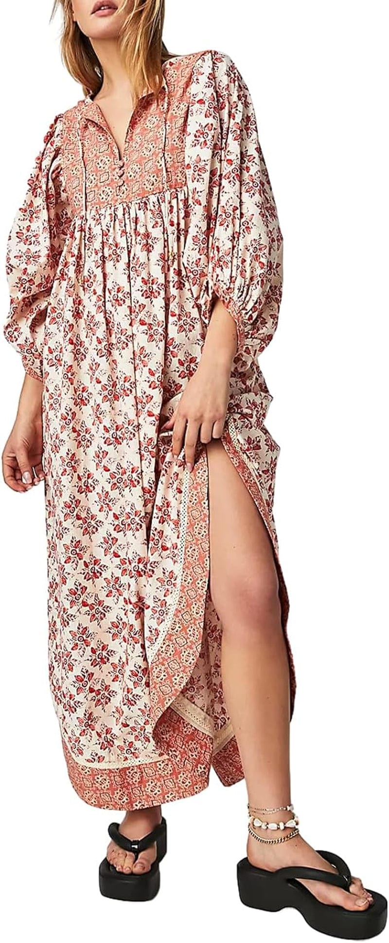 Women Vintage Floral Boho Maxi Dress Long Sleeve Flowy Bohemian Long Dress Casual V Neck Button up Split Dress A-Creamy / Medium