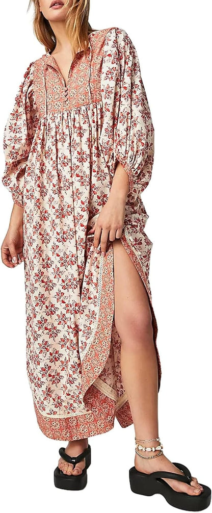 Women Vintage Floral Boho Maxi Dress Long Sleeve Flowy Bohemian Long Dress Casual V Neck Button up Split Dress A-Creamy / Medium
