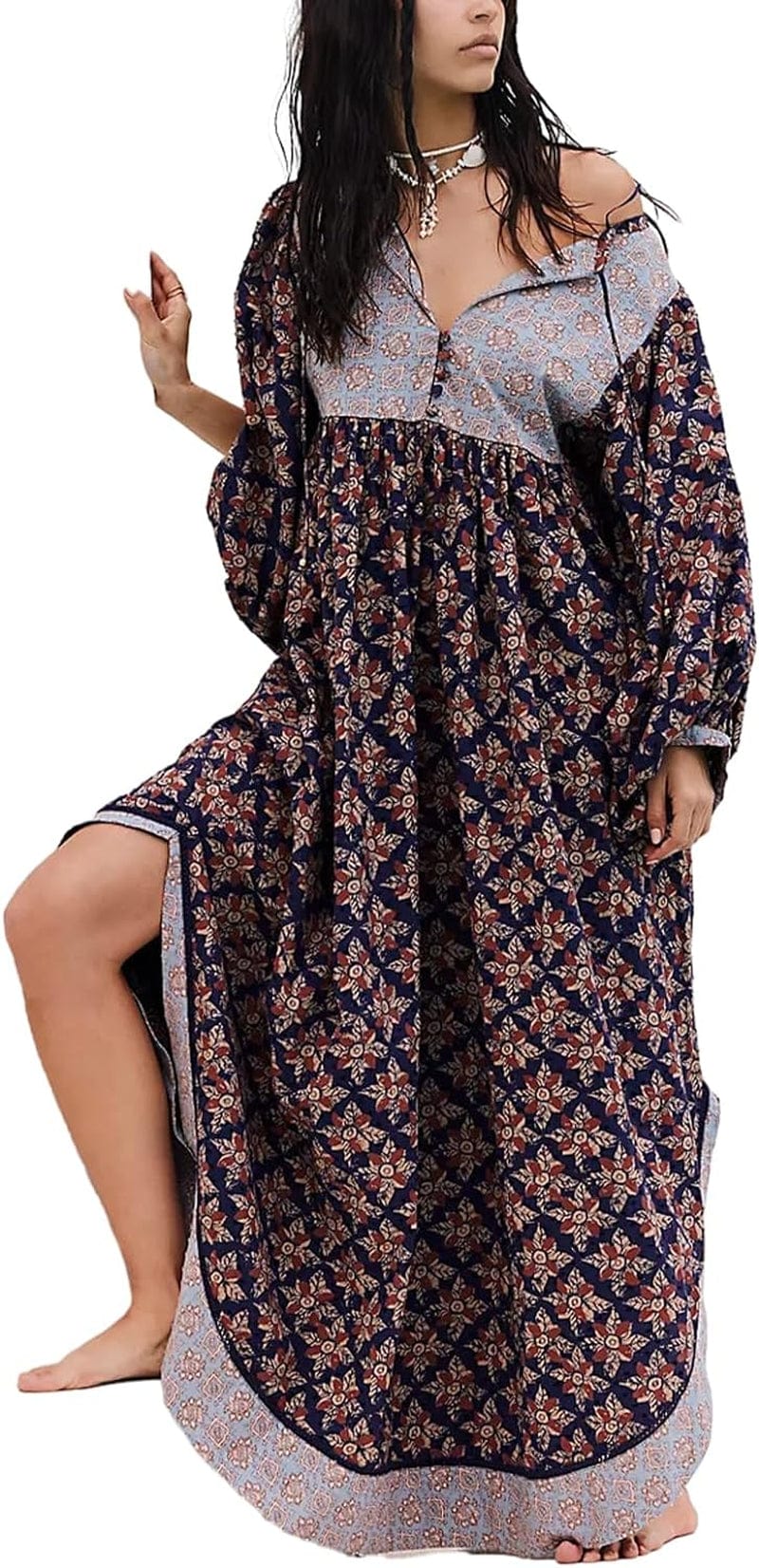 Women Vintage Floral Boho Maxi Dress Long Sleeve Flowy Bohemian Long Dress Casual V Neck Button up Split Dress A-Deep Blue / Medium