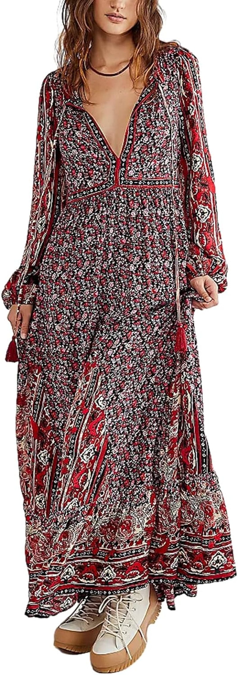 Women Vintage Floral Boho Maxi Dress Long Sleeve Flowy Bohemian Long Dress Casual V Neck Button up Split Dress B-Red Tassel / Medium