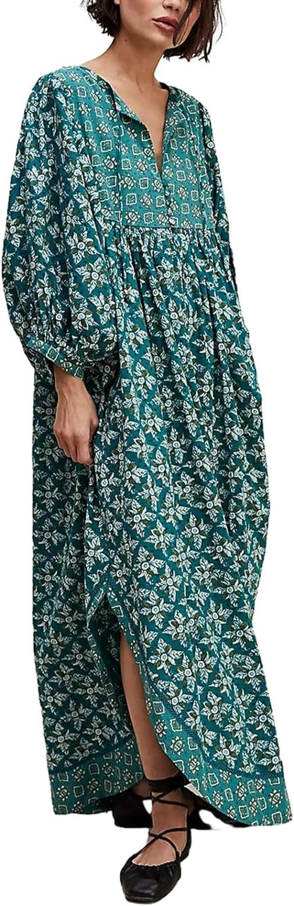 Women Vintage Floral Boho Maxi Dress Long Sleeve Flowy Bohemian Long Dress Casual V Neck Button up Split Dress A-Lake Blue / Large