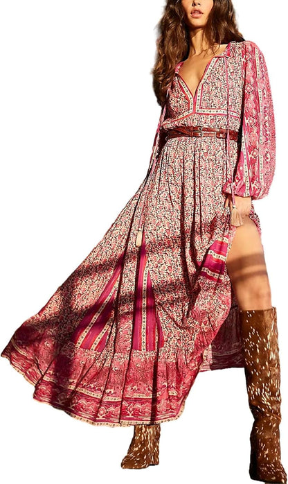 Women Vintage Floral Boho Maxi Dress Long Sleeve Flowy Bohemian Long Dress Casual V Neck Button up Split Dress B-Pink Tassel / Medium