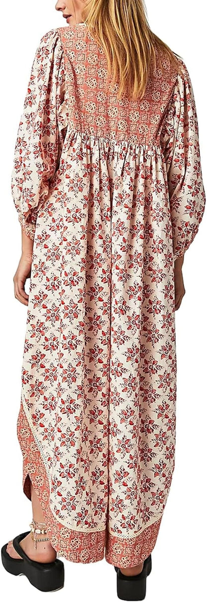Women Vintage Floral Boho Maxi Dress Long Sleeve Flowy Bohemian Long Dress Casual V Neck Button up Split Dress