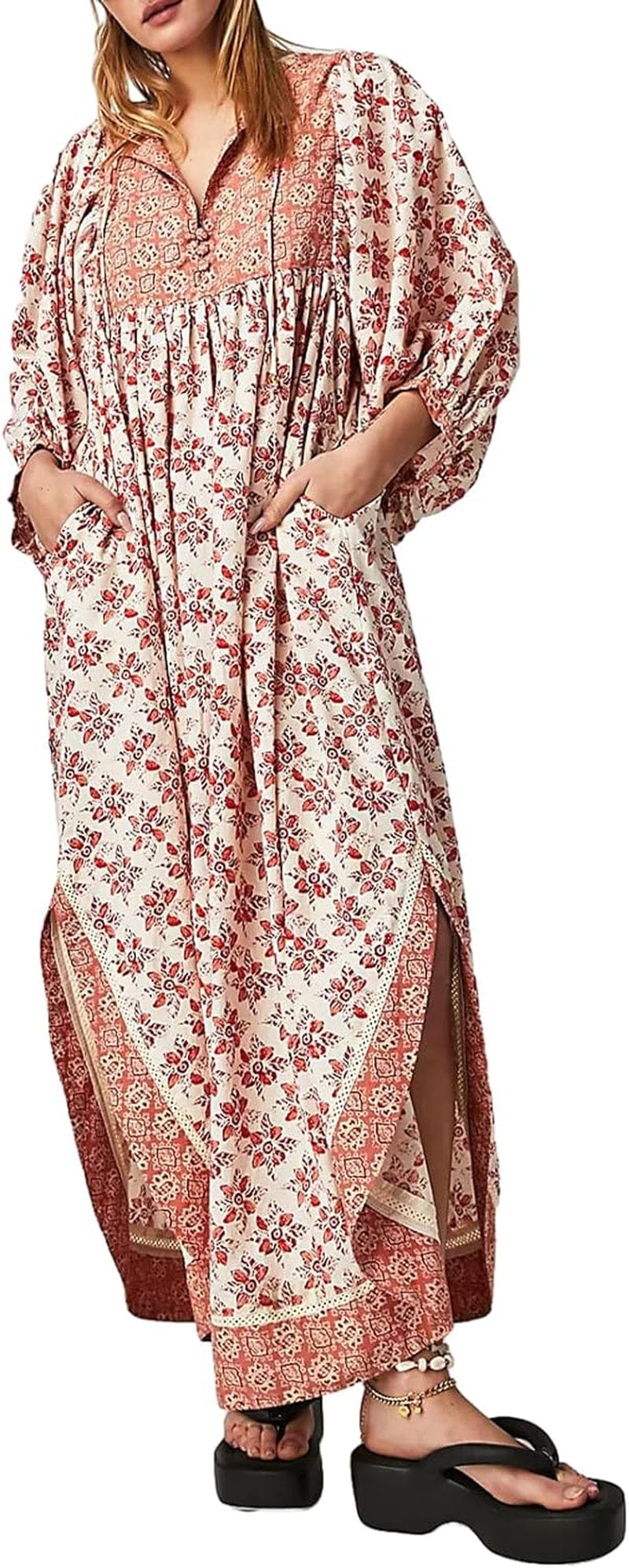 Women Vintage Floral Boho Maxi Dress Long Sleeve Flowy Bohemian Long Dress Casual V Neck Button up Split Dress