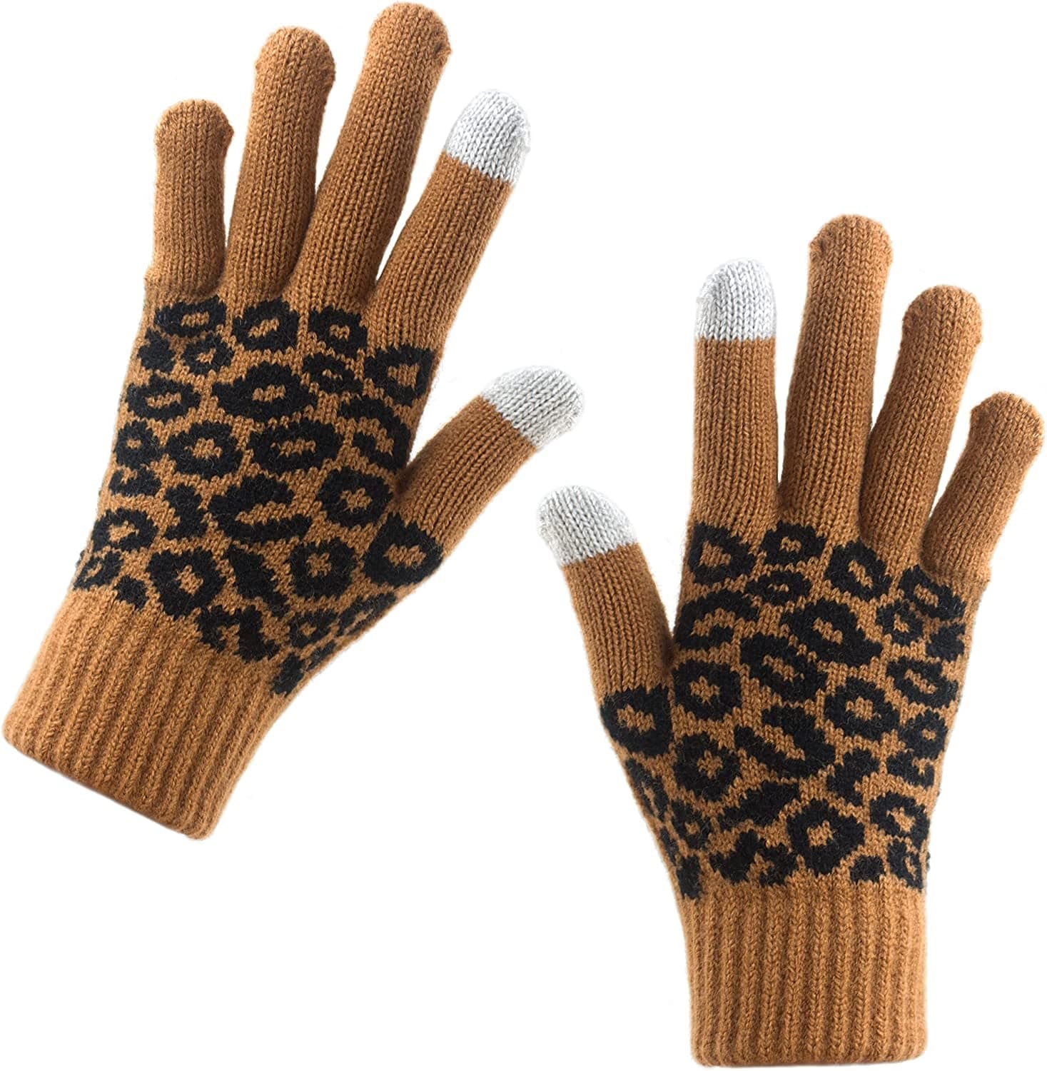Women Winter Warm Touch Screen Gloves Knitted Soft Elastic Thick Gloves for Clod Weather Apparel & Accessories > Clothing Accessories > Gloves & Mittens Muryobao Leopard Caramel  