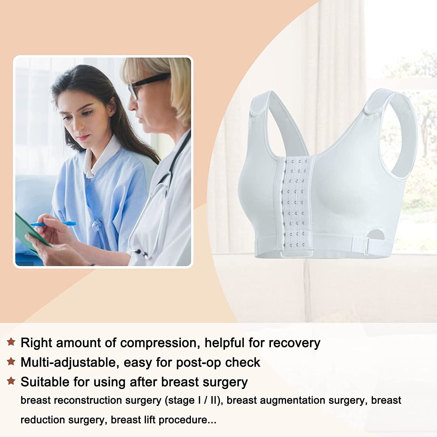 Women Wireless Bra Front Adjustable Straps Post Surgical Compression Breast Surgery Mastectomy Bra Seamless Sleep Bra