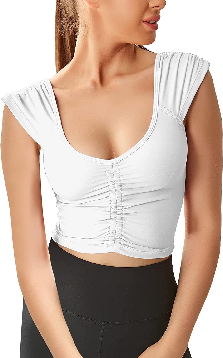 Women Workout Tops Sleeveless Yoga Longline Sports Bra Cutout Short Sleeve Crop Tank Top Gym Running Athletic Shirt U-Back White Sports Bra / Medium