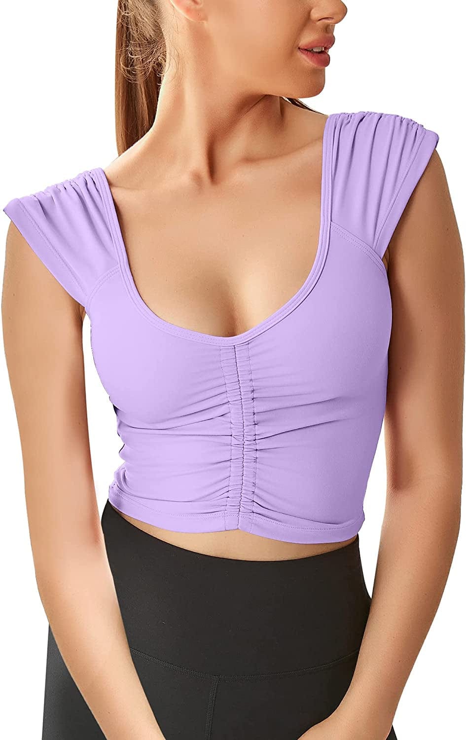 Women Workout Tops Sleeveless Yoga Longline Sports Bra Cutout Short Sleeve Crop Tank Top Gym Running Athletic Shirt U-Back Purple Sports Bra / Medium