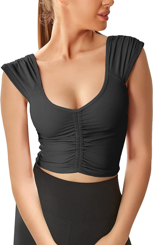 Women Workout Tops Sleeveless Yoga Longline Sports Bra Cutout Short Sleeve Crop Tank Top Gym Running Athletic Shirt U-Back Black Sports Bra / Medium