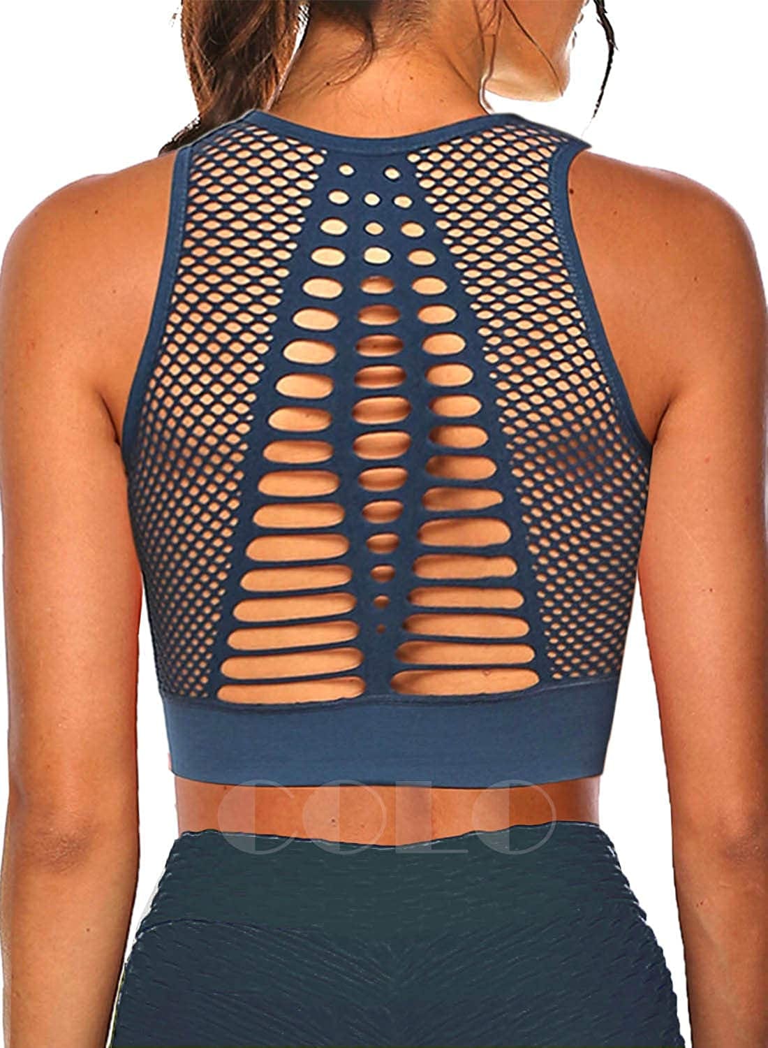 Women Yoga Tank Top Workout Tops Seamless Sport Bra Racerback Built in Bra Removable Pad Mesh Blue / Small
