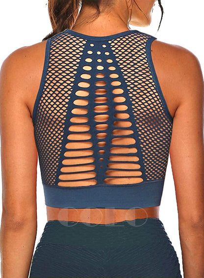 Women Yoga Tank Top Workout Tops Seamless Sport Bra Racerback Built in Bra Removable Pad Mesh Blue / Small