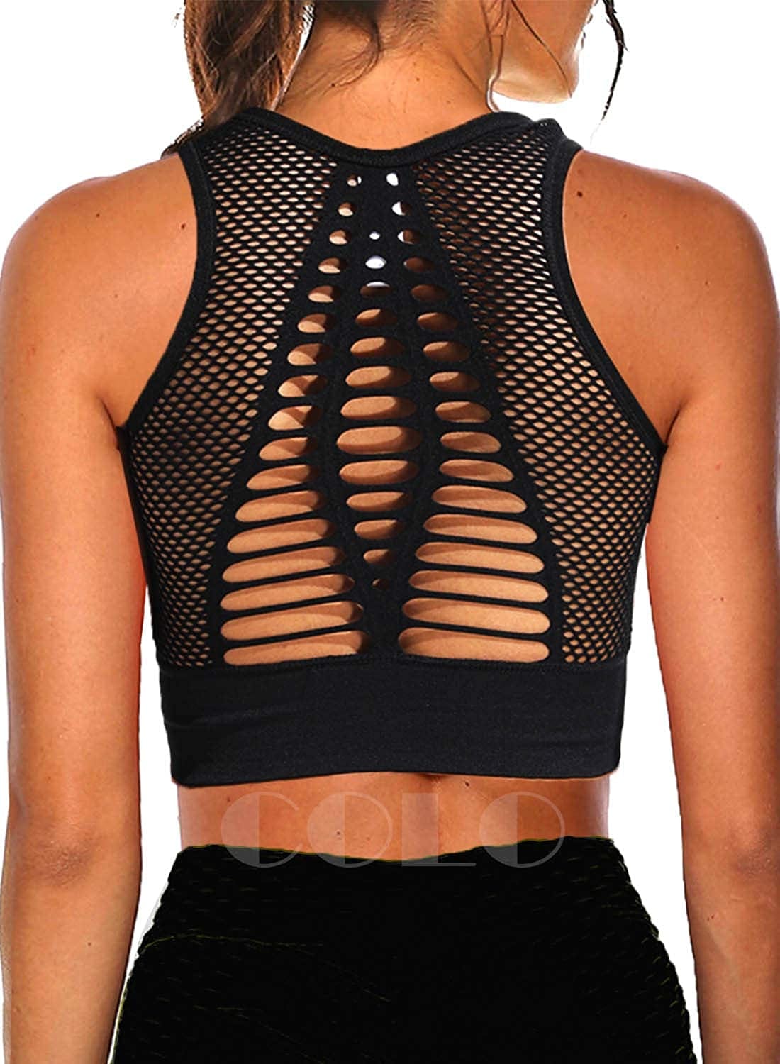 Women Yoga Tank Top Workout Tops Seamless Sport Bra Racerback Built in Bra Removable Pad A-mesh Black / Small