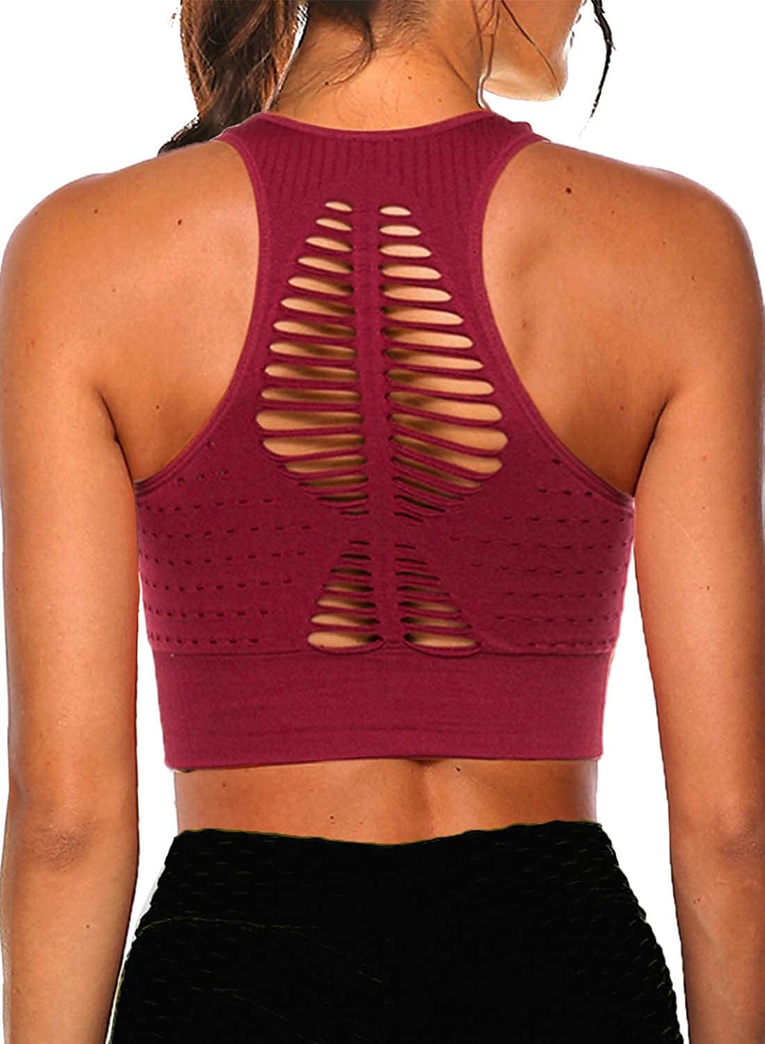 Women Yoga Tank Top Workout Tops Seamless Sport Bra Racerback Built in Bra Removable Pad Leaf Vein Red / Small