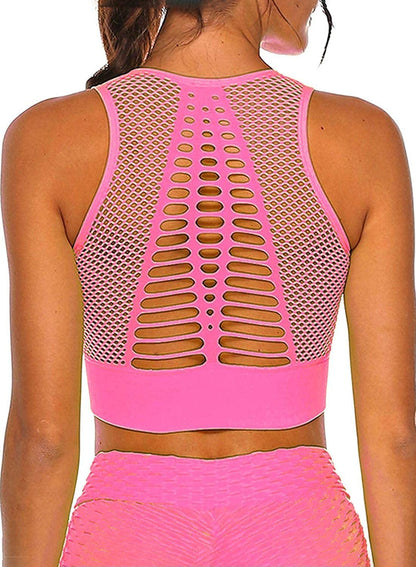 Women Yoga Tank Top Workout Tops Seamless Sport Bra Racerback Built in Bra Removable Pad A-mesh Neon Pink / X-Small