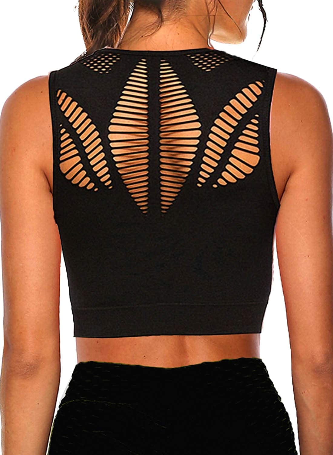 Women Yoga Tank Top Workout Tops Seamless Sport Bra Racerback Built in Bra Removable Pad #4 Hollow Black / Small