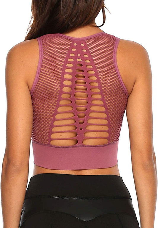 Women Yoga Tank Top Workout Tops Seamless Sport Bra Racerback Built in Bra Removable Pad A-mesh Pink / X-Large