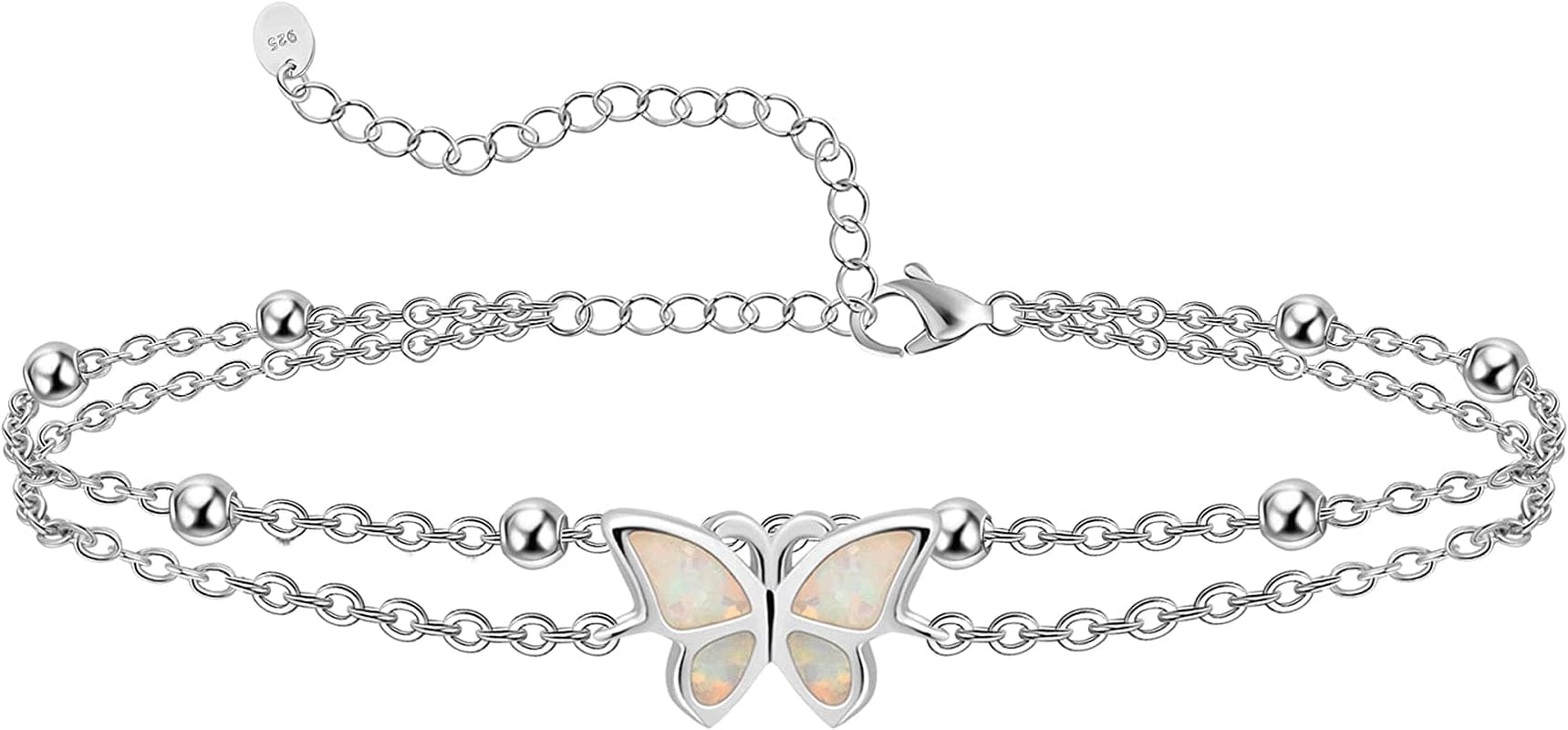Womens Anklet 925 Sterling Silver Created Opal Layered Anklet Bracelet Dainty Beaded Chain Anklet Adjustable 11" Best Friend Anklet for Women Apparel & Accessories > Jewelry > Anklets CHIC & ARTSY Butterfly/silver  
