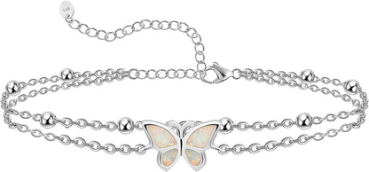 Womens Anklet 925 Sterling Silver Created Opal Layered Anklet Bracelet Dainty Beaded Chain Anklet Adjustable 11" Best Friend Anklet for Women Apparel & Accessories > Jewelry > Anklets CHIC & ARTSY Butterfly/silver  