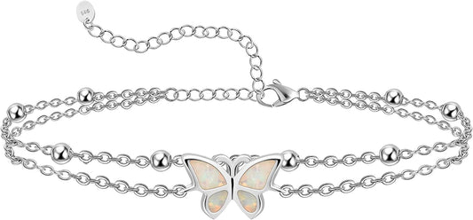 Womens Anklet 925 Sterling Silver Created Opal Layered Anklet Bracelet Dainty Beaded Chain Anklet Adjustable 11" Best Friend Anklet for Women Apparel & Accessories > Jewelry > Anklets CHIC & ARTSY Butterfly/silver  