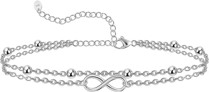 Womens Anklet 925 Sterling Silver Created Opal Layered Anklet Bracelet Dainty Beaded Chain Anklet Adjustable 11" Best Friend Anklet for Women Apparel & Accessories > Jewelry > Anklets CHIC & ARTSY Infinity/silver  