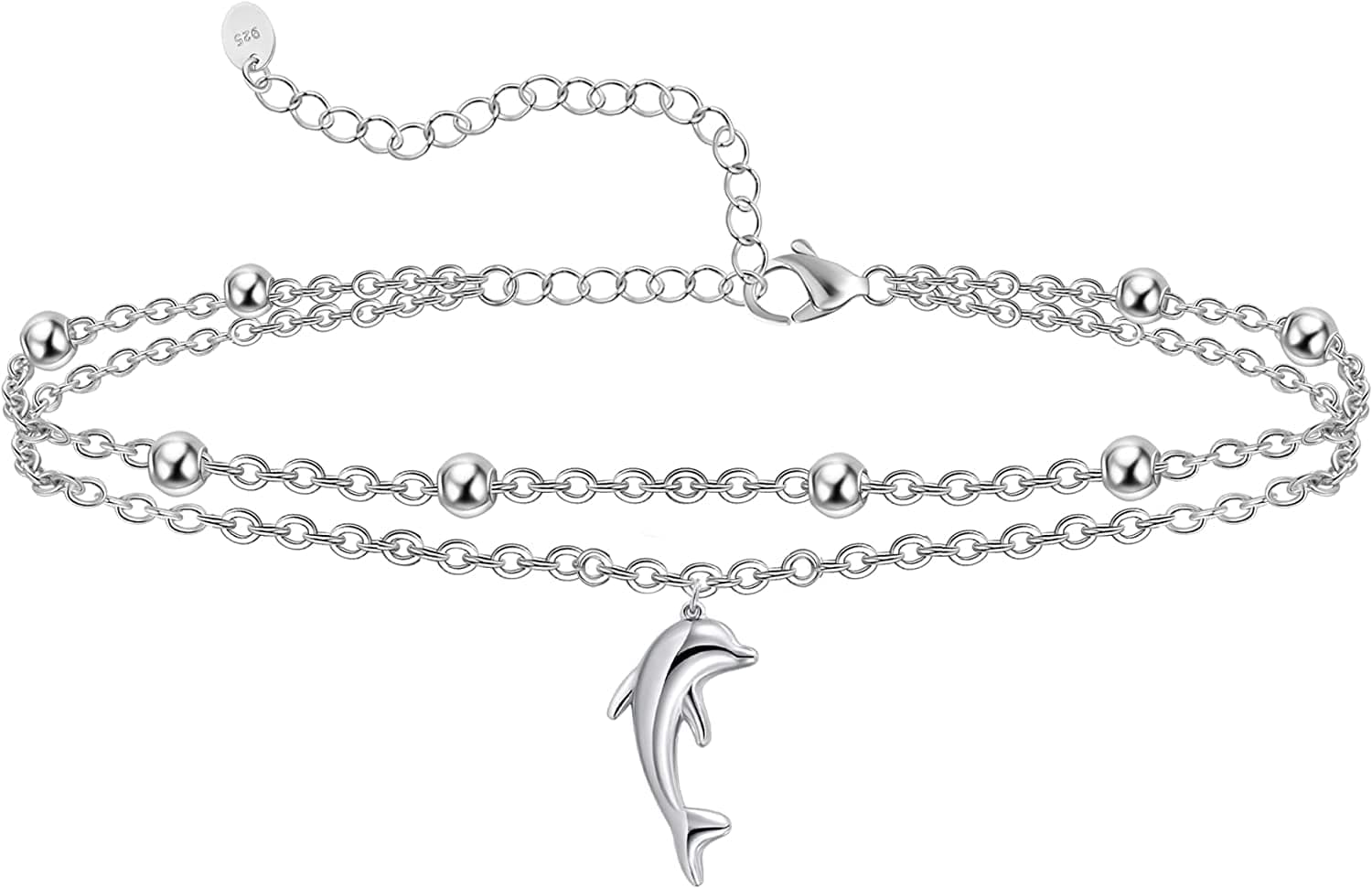 Womens Anklet 925 Sterling Silver Created Opal Layered Anklet Bracelet Dainty Beaded Chain Anklet Adjustable 11" Best Friend Anklet for Women Apparel & Accessories > Jewelry > Anklets CHIC & ARTSY Dolphin/silver  