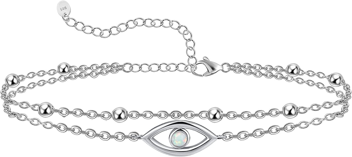 Womens Anklet 925 Sterling Silver Created Opal Layered Anklet Bracelet Dainty Beaded Chain Anklet Adjustable 11" Best Friend Anklet for Women Apparel & Accessories > Jewelry > Anklets CHIC & ARTSY Evil Eye/silver  