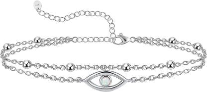 Womens Anklet 925 Sterling Silver Created Opal Layered Anklet Bracelet Dainty Beaded Chain Anklet Adjustable 11" Best Friend Anklet for Women Apparel & Accessories > Jewelry > Anklets CHIC & ARTSY Evil Eye/silver  