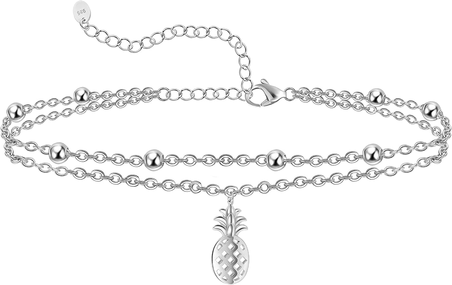 Womens Anklet 925 Sterling Silver Created Opal Layered Anklet Bracelet Dainty Beaded Chain Anklet Adjustable 11" Best Friend Anklet for Women Apparel & Accessories > Jewelry > Anklets CHIC & ARTSY Pineapple/silver  