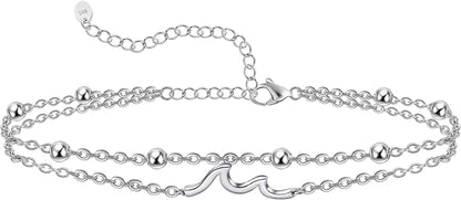Womens Anklet 925 Sterling Silver Created Opal Layered Anklet Bracelet Dainty Beaded Chain Anklet Adjustable 11" Best Friend Anklet for Women Apparel & Accessories > Jewelry > Anklets CHIC & ARTSY Wave/silver  