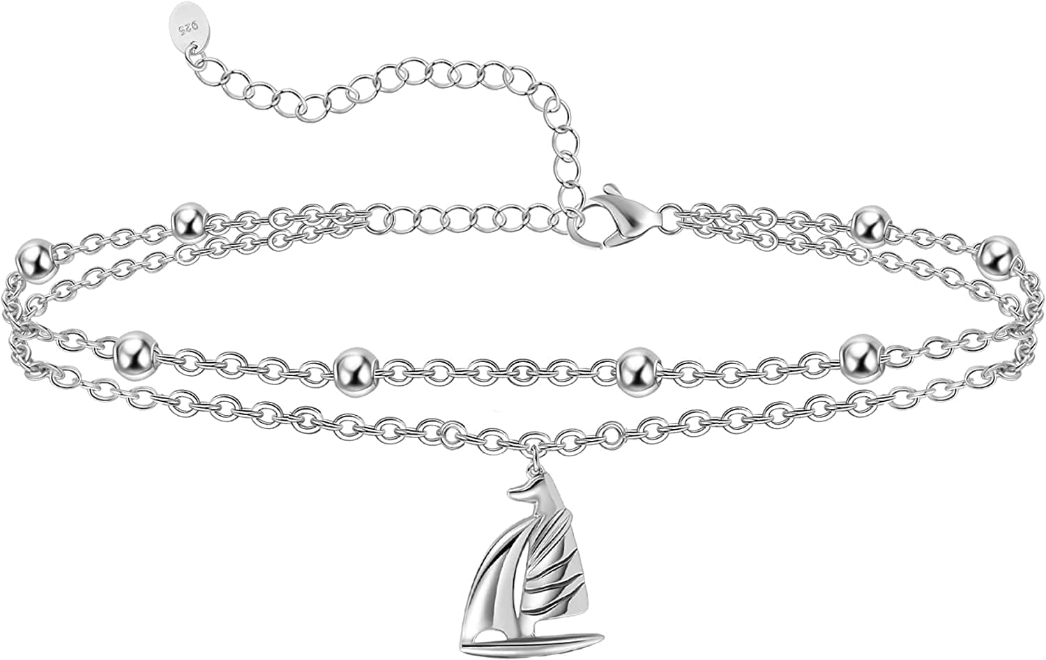 Womens Anklet 925 Sterling Silver Created Opal Layered Anklet Bracelet Dainty Beaded Chain Anklet Adjustable 11" Best Friend Anklet for Women Apparel & Accessories > Jewelry > Anklets CHIC & ARTSY Sailboat/silver  
