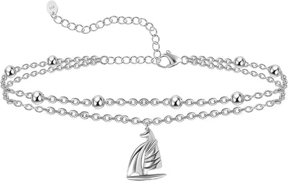 Womens Anklet 925 Sterling Silver Created Opal Layered Anklet Bracelet Dainty Beaded Chain Anklet Adjustable 11" Best Friend Anklet for Women Apparel & Accessories > Jewelry > Anklets CHIC & ARTSY Sailboat/silver  