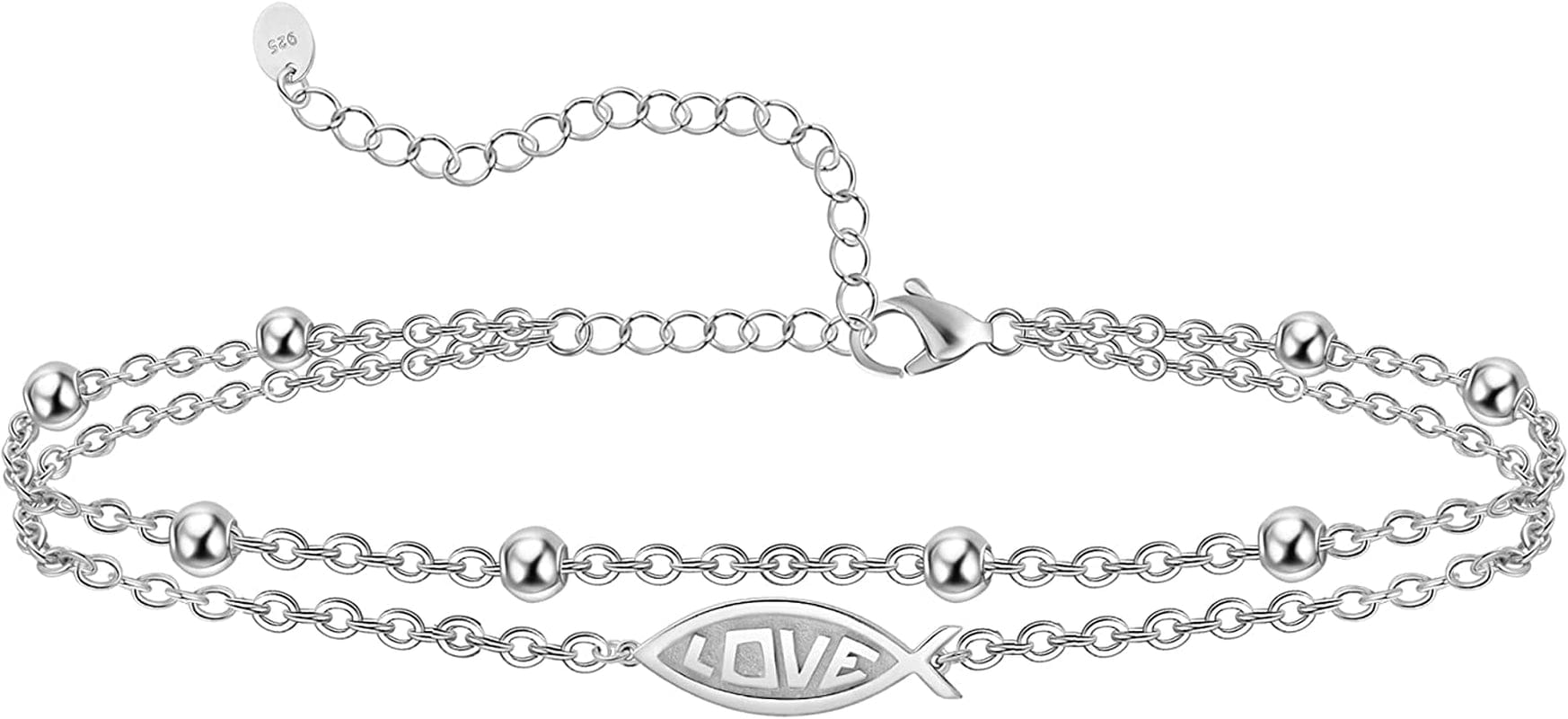Womens Anklet 925 Sterling Silver Created Opal Layered Anklet Bracelet Dainty Beaded Chain Anklet Adjustable 11" Best Friend Anklet for Women Apparel & Accessories > Jewelry > Anklets CHIC & ARTSY Jesus Fish/silver  