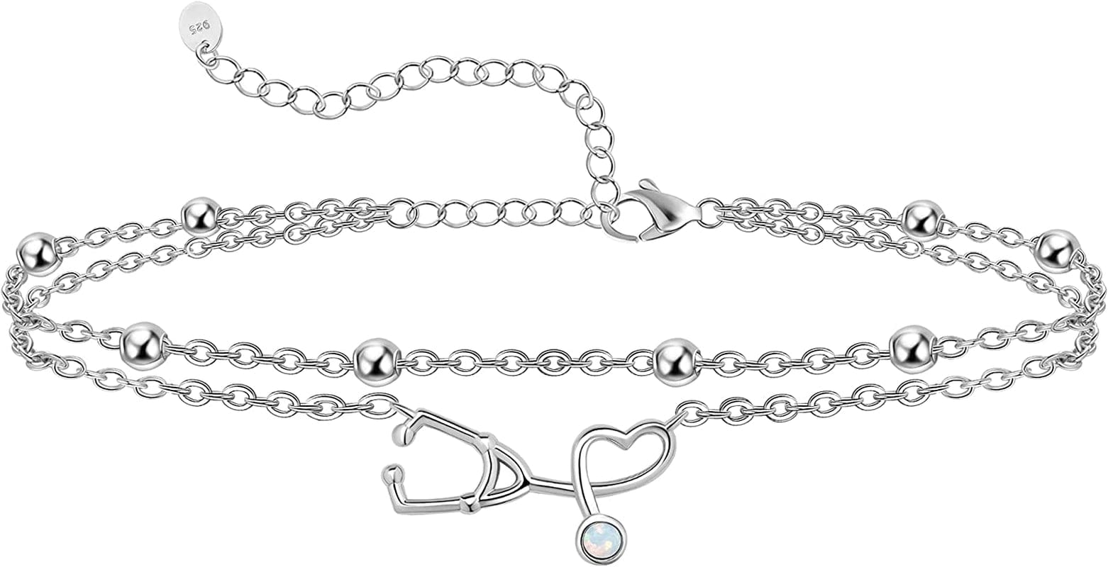 Womens Anklet 925 Sterling Silver Created Opal Layered Anklet Bracelet Dainty Beaded Chain Anklet Adjustable 11" Best Friend Anklet for Women Apparel & Accessories > Jewelry > Anklets CHIC & ARTSY Stethoscope/silver  