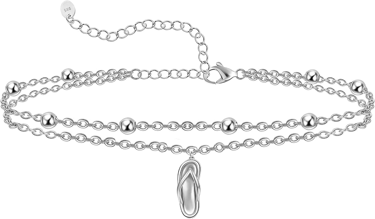 Womens Anklet 925 Sterling Silver Created Opal Layered Anklet Bracelet Dainty Beaded Chain Anklet Adjustable 11" Best Friend Anklet for Women Apparel & Accessories > Jewelry > Anklets CHIC & ARTSY Flip Flops/silver  