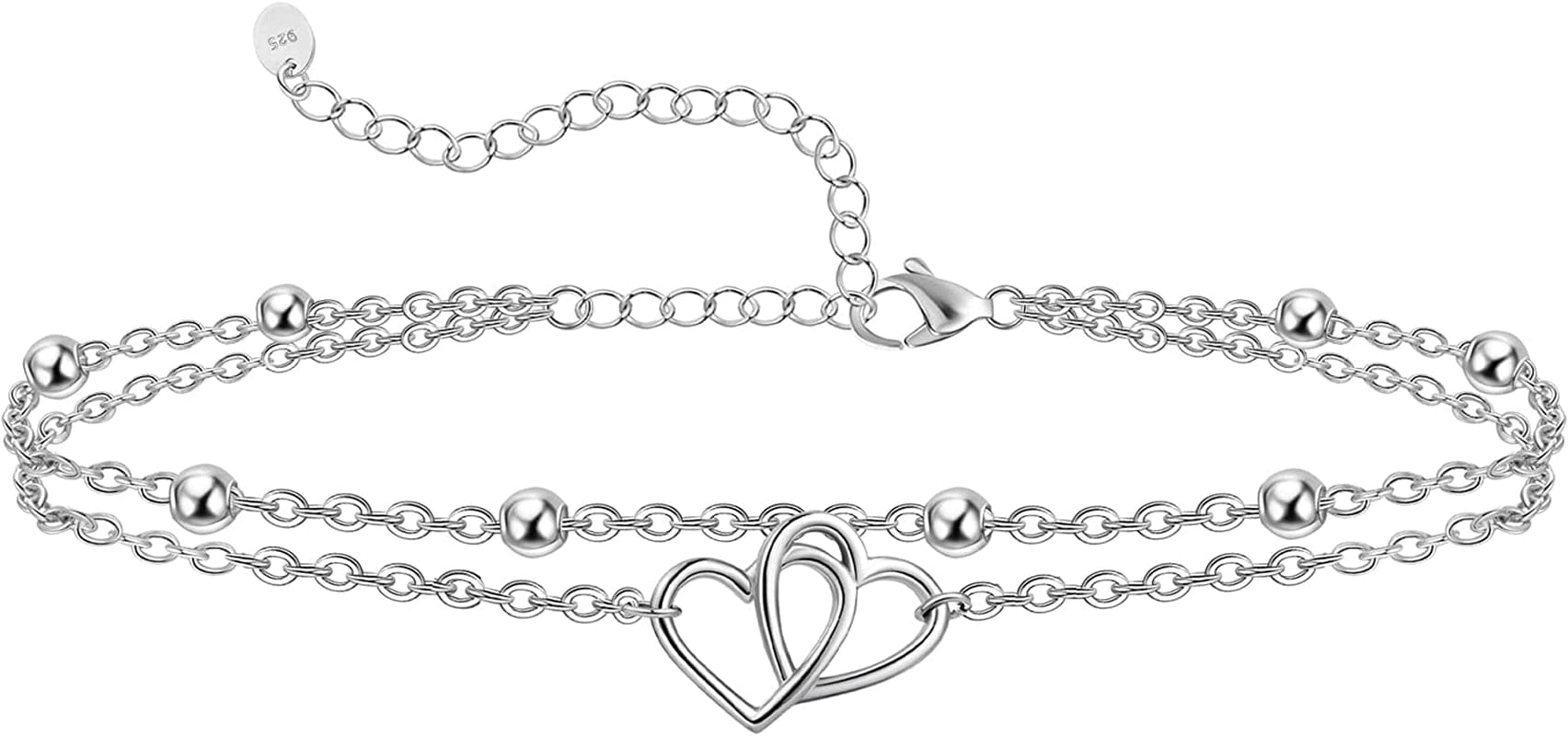 Womens Anklet 925 Sterling Silver Created Opal Layered Anklet Bracelet Dainty Beaded Chain Anklet Adjustable 11" Best Friend Anklet for Women Apparel & Accessories > Jewelry > Anklets CHIC & ARTSY Heart/silver  