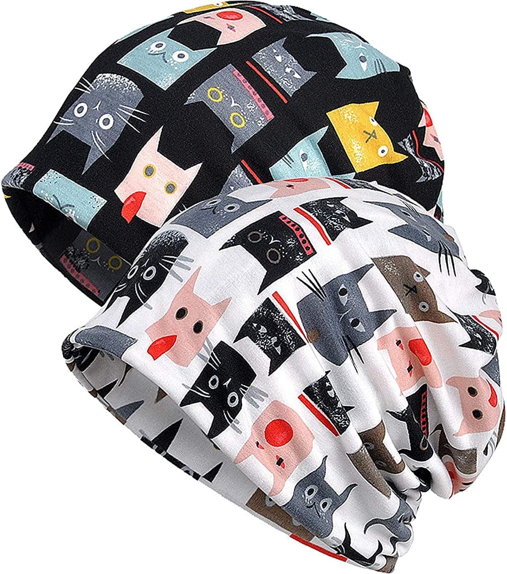 Womens Baggy Soft Slouchy Beanie Hat Stretch Infinity Scarf Head Wrap Cap Apparel & Accessories > Clothing Accessories > Headwear XYIYI 2pcs Cat-f  