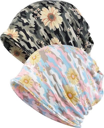Womens Baggy Soft Slouchy Beanie Hat Stretch Infinity Scarf Head Wrap Cap Apparel & Accessories > Clothing Accessories > Headwear XYIYI 2pcs Camo Sunflower  