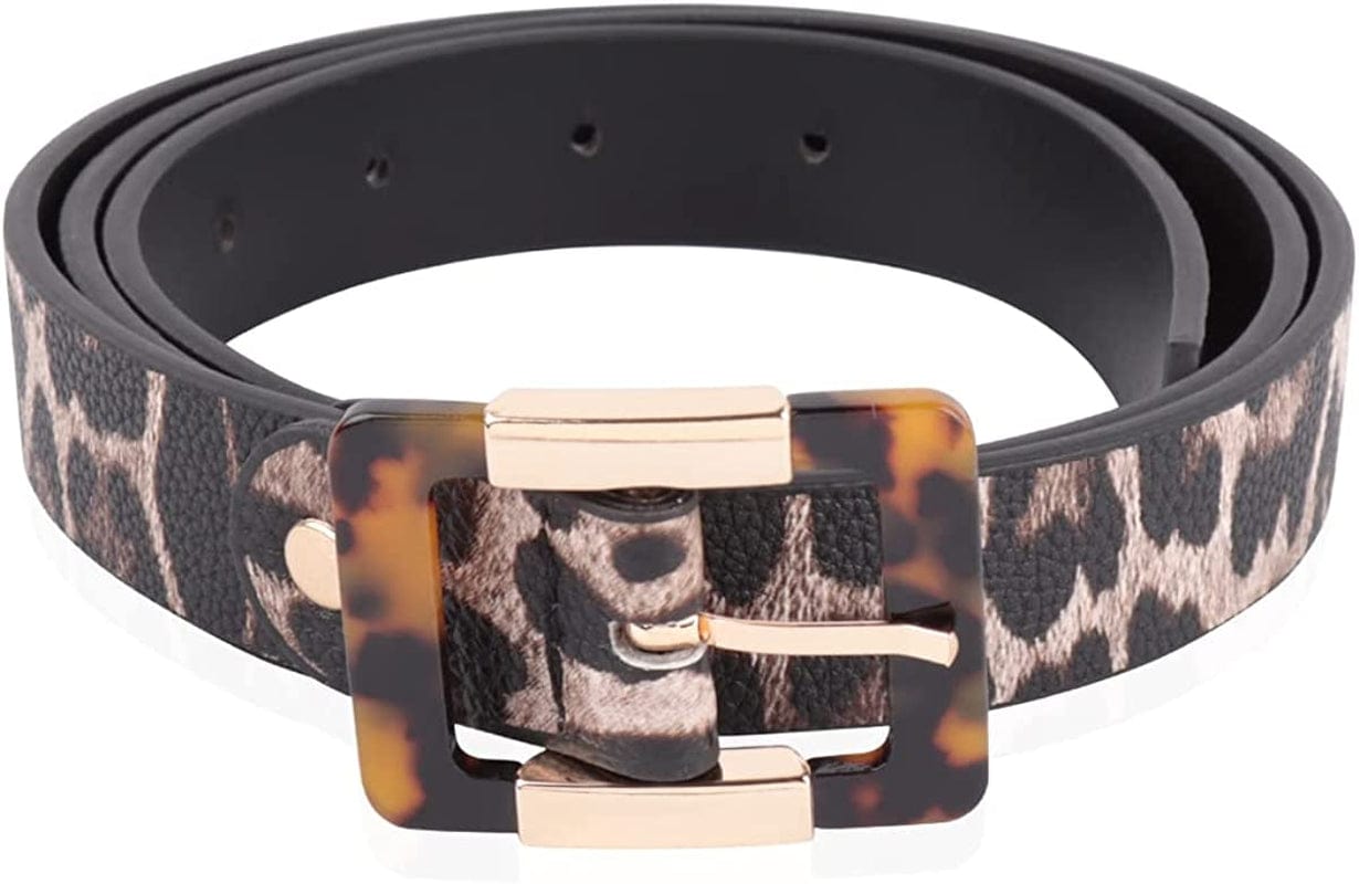 Womens Belt Fashion Metal Buckle Waist Belt - Faux Leather Skinny Dress Jeans Pants Belts Solid, Rhinestone Apparel & Accessories > Clothing Accessories > Belts RIAH FASHION Acetate Tortoise Buckle Belt - Leopard  