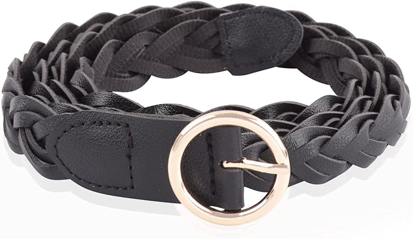 Womens Belt Fashion Metal Buckle Waist Belt - Faux Leather Skinny Dress Jeans Pants Belts Solid, Rhinestone Apparel & Accessories > Clothing Accessories > Belts RIAH FASHION Circle Buckle Braided Faux Leather Belt - Black  