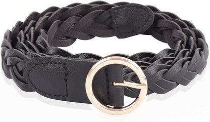 Womens Belt Fashion Metal Buckle Waist Belt - Faux Leather Skinny Dress Jeans Pants Belts Solid, Rhinestone Apparel & Accessories > Clothing Accessories > Belts RIAH FASHION Circle Buckle Braided Faux Leather Belt - Black  