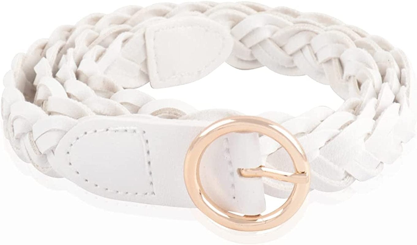 Womens Belt Fashion Metal Buckle Waist Belt - Faux Leather Skinny Dress Jeans Pants Belts Solid, Rhinestone Apparel & Accessories > Clothing Accessories > Belts RIAH FASHION Circle Buckle Braided Faux Leather Belt - White  