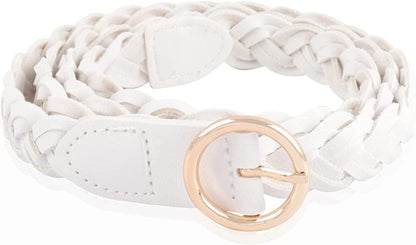 Womens Belt Fashion Metal Buckle Waist Belt - Faux Leather Skinny Dress Jeans Pants Belts Solid, Rhinestone Apparel & Accessories > Clothing Accessories > Belts RIAH FASHION Circle Buckle Braided Faux Leather Belt - White  