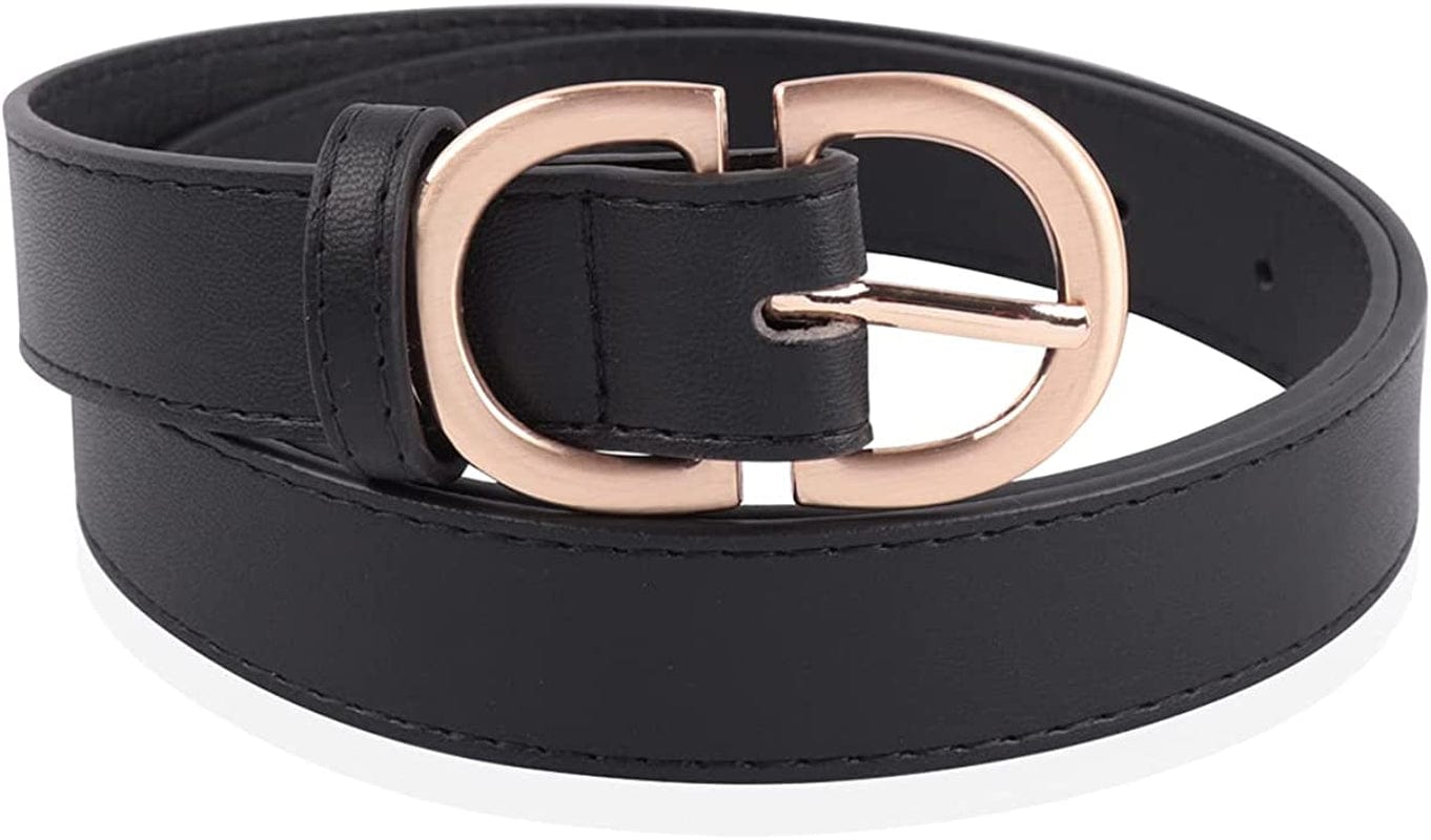 Womens Belt Fashion Metal Buckle Waist Belt - Faux Leather Skinny Dress Jeans Pants Belts Solid, Rhinestone Apparel & Accessories > Clothing Accessories > Belts RIAH FASHION Double D Buckle Faux Leather Belt - Black  