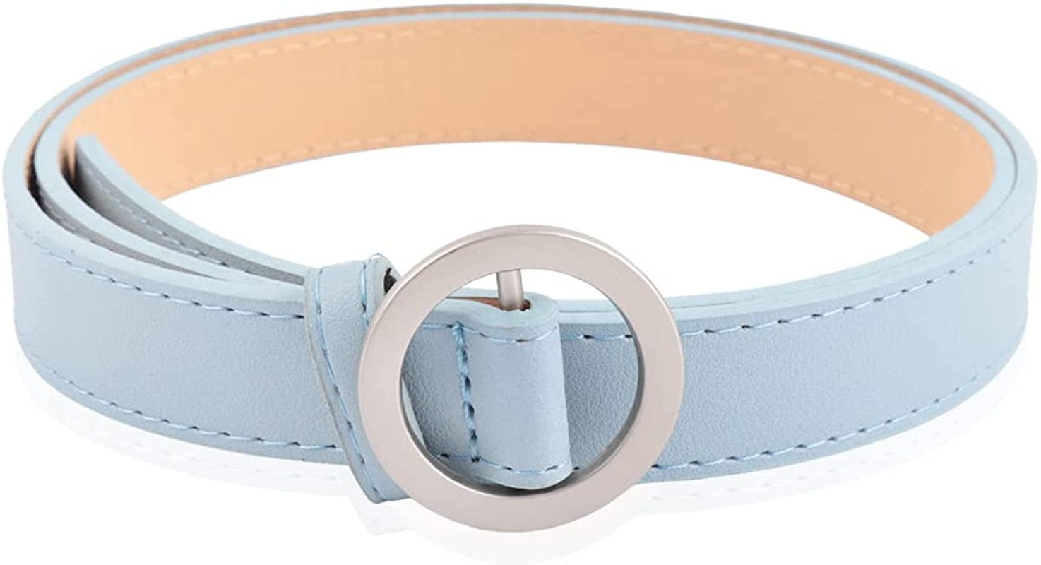 Womens Belt Fashion Metal Buckle Waist Belt - Faux Leather Skinny Dress Jeans Pants Belts Solid, Rhinestone Apparel & Accessories > Clothing Accessories > Belts RIAH FASHION Circle Buckle Faux Leather Belt - Light Blue  