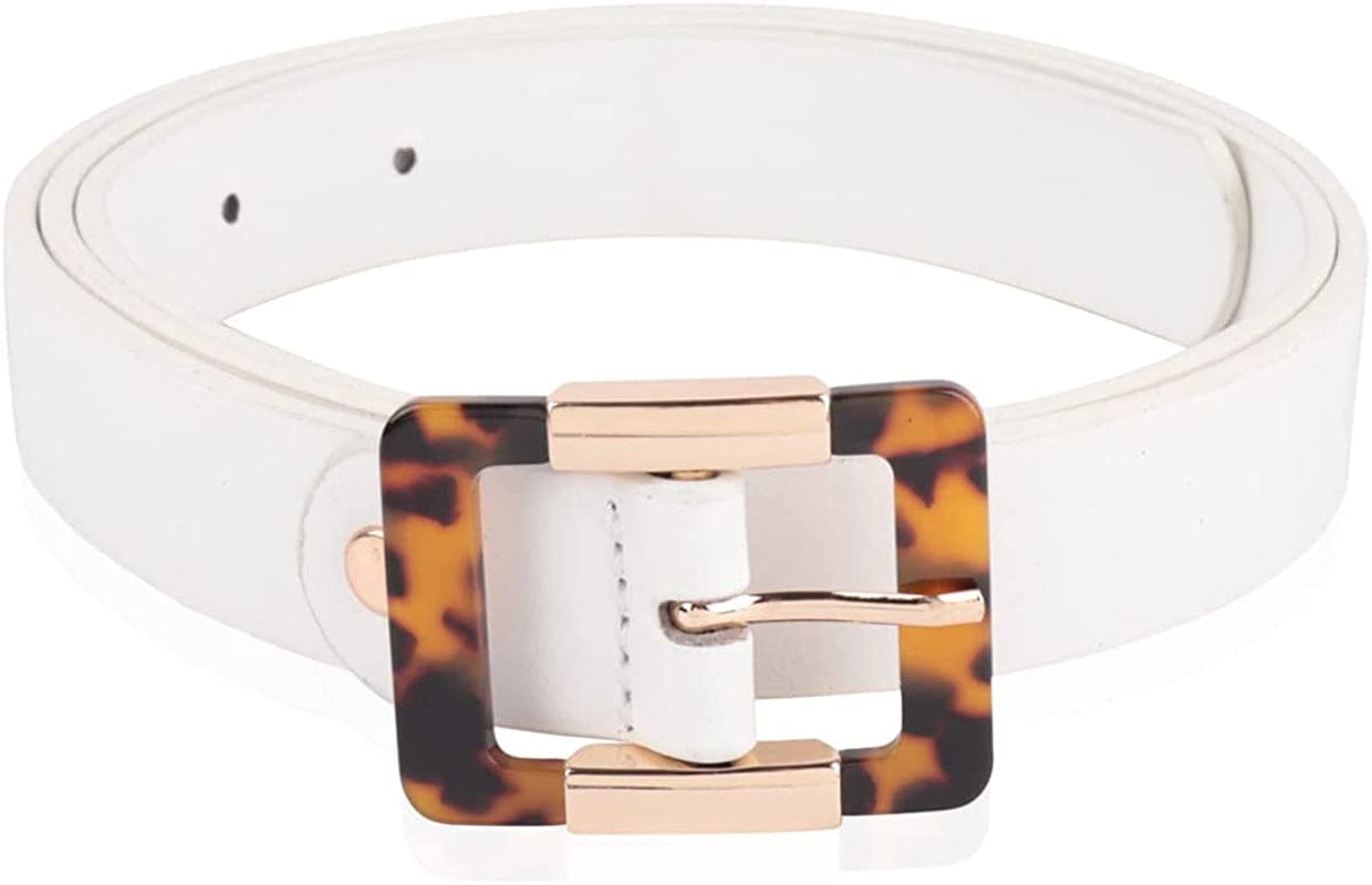 Womens Belt Fashion Metal Buckle Waist Belt - Faux Leather Skinny Dress Jeans Pants Belts Solid, Rhinestone Apparel & Accessories > Clothing Accessories > Belts RIAH FASHION Acetate Tortoise Buckle Belt - White  