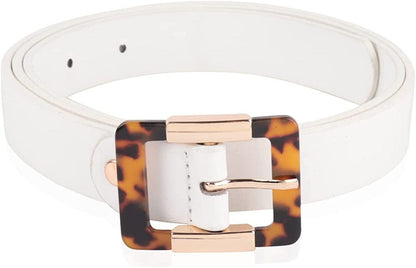 Womens Belt Fashion Metal Buckle Waist Belt - Faux Leather Skinny Dress Jeans Pants Belts Solid, Rhinestone Apparel & Accessories > Clothing Accessories > Belts RIAH FASHION Acetate Tortoise Buckle Belt - White  