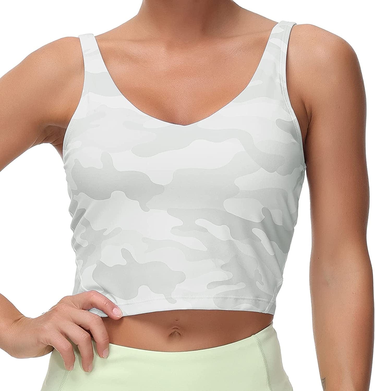 Womens Camo Longline Sports Bra Wirefree Padded Medium Support Yoga Bras Gym Running Workout Tank Tops White Camo / X-Large