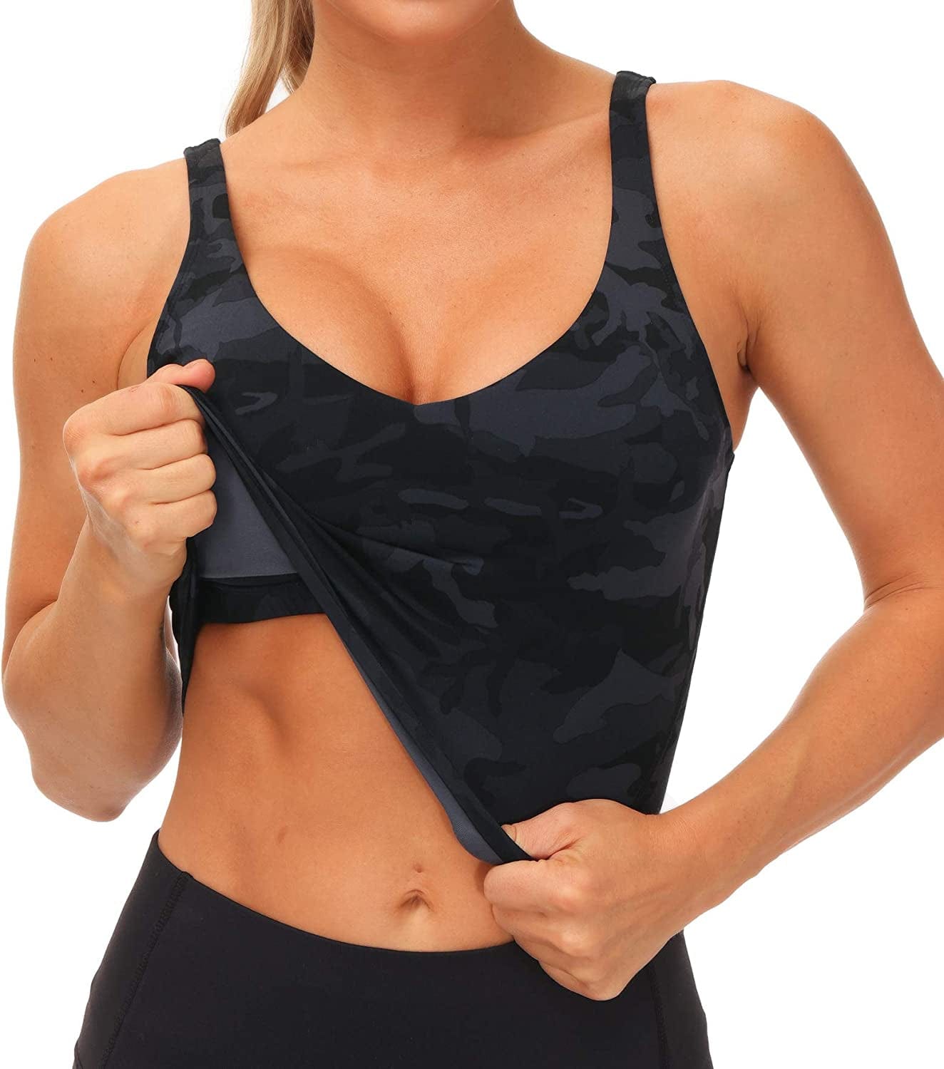 Womens Camo Longline Sports Bra Wirefree Padded Medium Support Yoga Bras Gym Running Workout Tank Tops